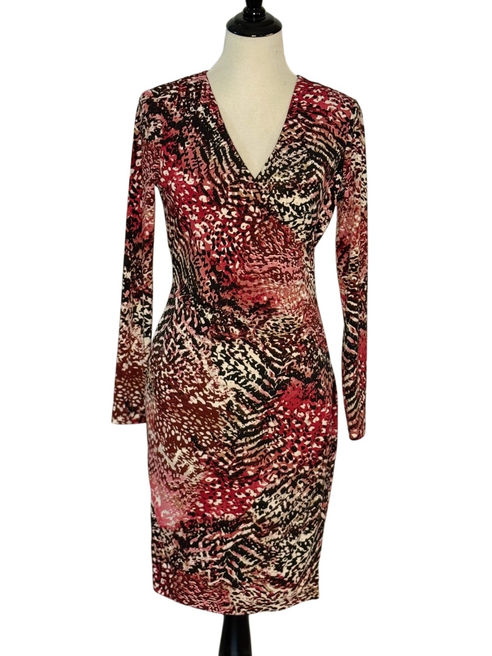 Calvin Klein Ruched Animal Print Bodycon Sheath Dress Long Sleeve V Neck Small
